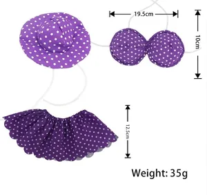 Purple polka dot porch goose gardener outfit set including hat and skirt with dimensions