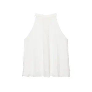 Detailed view of white linen halter neck top showing fabric texture and clean collar design