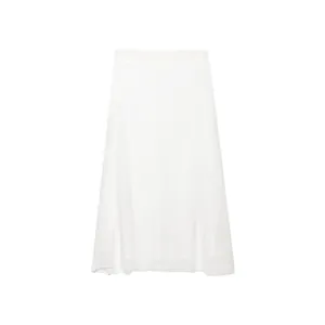Full view of white linen midi skirt featuring A-line silhouette and textured fabric