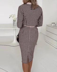 Chic pink and black houndstooth 3-piece suit with jacket and pencil skirt for women