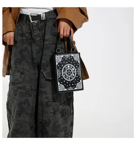 Gothic occult square handbag with intricate pentagram moon star graphics detail