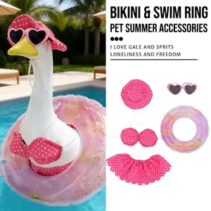 Macro view of pink polka dot bikini outfit set for garden porch goose decorations