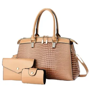 Elegant 3-piece khaki Boston bag set with crocodile texture for professional commuter women