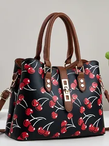 Women Retro Cherry Print PU Leather Top Handle Bag Fashionable Large Capacity Crossbody Shoulder Bag With Gold Hardware