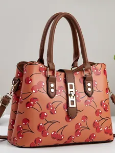 Stylish cherry print handbag for women, vintage burnt orange tote with brown handles