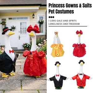 Detail of decorative porch goose outfits featuring princess dresses and tuxedos