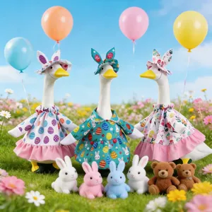 Festive Easter porch goose outfits with bunny ear hats and colorful egg patterns