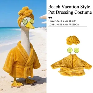 Detail showing yellow plush goose bathrobe with matching spa head wrap and cucumber eyes