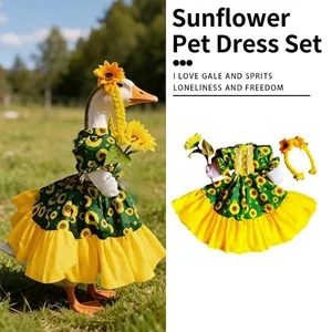 Detail of sunflower themed dress and headpiece for porch goose garden decor