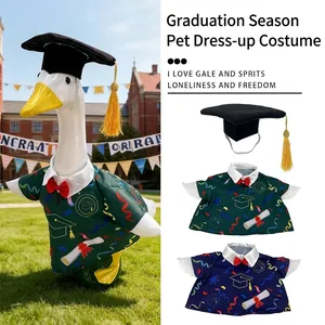 Graduation costume for porch goose statue, featuring green and blue academic sets