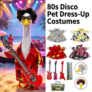 Detail showing 80s disco outfits and accessories for porch garden goose ornament