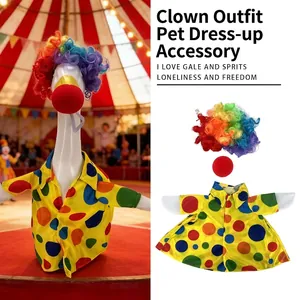 Colorful clown costume set for garden goose including rainbow wig and polka dot shirt.