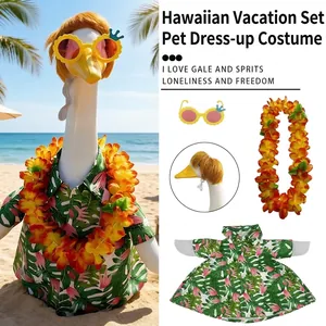 Hawaiian vacation outfit set for porch goose ornament with floral shirt and lei