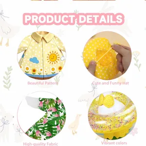 Detail view of yellow sunflower raincoat and garden goose outfits with vibrant patterns.