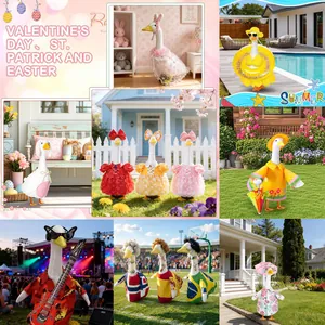Diverse holiday and seasonal outfits for porch geese including raincoats and garden sets.