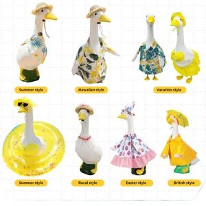 Collection of festive yard goose outfits in summer, easter, rural and rainy styles.