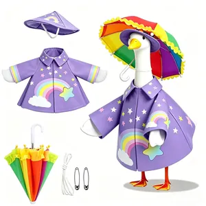 Vibrant rainbow purple raincoat outfit set for garden porch goose statue decoration