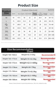 Tableau des tailles complet pour shorts décontractés en coton pour hommes, du M au 5XL.
