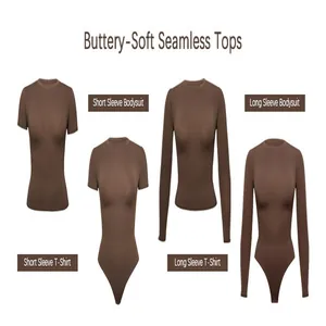 Detail view of brown buttery-soft seamless tops in various t-shirt and bodysuit styles.