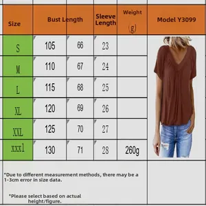 Size chart for a brown V-neck pleated raglan sleeve casual T-shirt