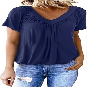 Front view of a casual navy blue women's T-shirt featuring a pleated V-neck design.