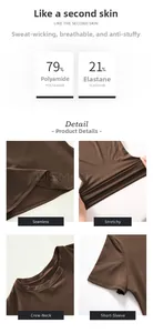 Detail of brown high-stretch fitness t-shirt showing fabric texture and seams