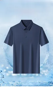 Close-up detail of navy blue ice-silk men's polo shirt with breathable fabric texture