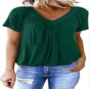 Front detail of women's dark green V-neck T-shirt with stylish front pleats
