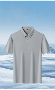 Detailed view of a light grey cooling polo shirt with breathable ice-silk fabric texture.