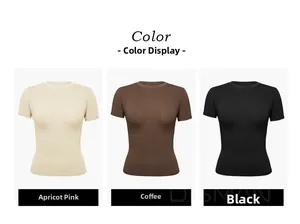 Detailed view of slim fit short sleeve t-shirts in apricot pink, coffee and black color