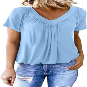 Detailed view of a light blue V-neck short sleeve pleated T-shirt with casual styling