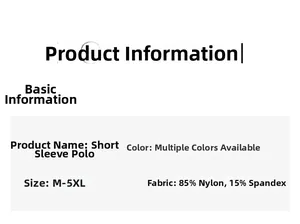 Detail chart showing fabric composition and size range for short sleeve polo shirt