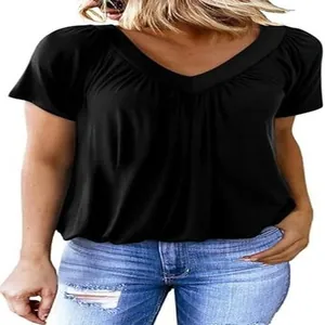 Detailed macro view of women's black V-neck t-shirt with elegant pleated neckline