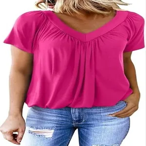Detail showing the pleated V-neck and raglan sleeves of this casual fuchsia T-shirt