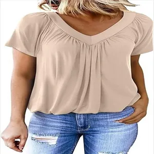 Detailed view of women's casual V-neck T-shirt featuring soft pleats and raglan sleeves