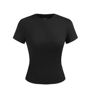 Classic black slim-fit short-sleeved T-shirt with high-stretch fabric for women