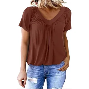 Women V Neck Raglan Sleeve Pleated T Shirt Casual Daily Loungewear Top Solid Color Short Sleeve Fashion Comfortable Breathable Tee