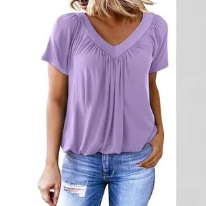 Stylish women's casual lavender V-neck pleated T-shirt featuring short raglan sleeves