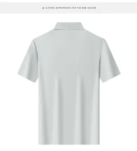 Back view of a premium summer breathable short-sleeve polo shirt in light gray color