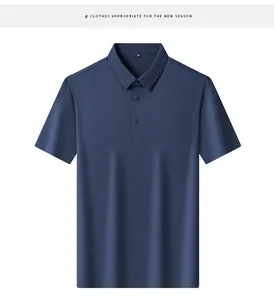 Close-up of a navy blue business casual short-sleeved Polo shirt with a refined lapel