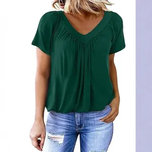 Elegant women's dark green V-neck short sleeve casual pleated T-shirt for daily wear