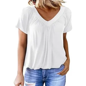 Elegant white V-neck short sleeve casual T-shirt with pleated neckline for women