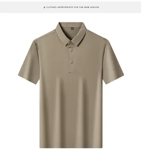 Detail view of a khaki men's short-sleeved business casual Polo shirt.