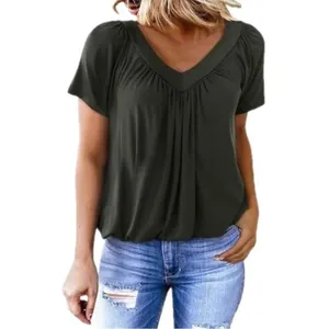 Casual women's dark green V-neck pleated t-shirt featuring comfortable short sleeves for daily wear