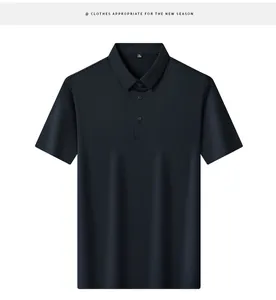 Front view of a navy blue business casual short-sleeve polo shirt for men