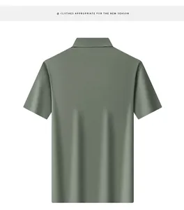 Premium men's business casual ice silk polo shirt in olive green shown from the back