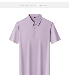 Detailed view of a lavender short-sleeved polo shirt with a breathable, icy feel