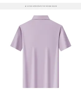 Lavender short-sleeved polo shirt showing the back view for men's business casual style