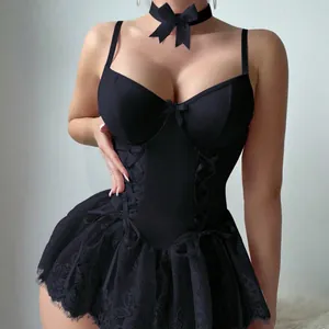 Women Sexy Lace Teddy Lingerie Set With Bowknot Choker Stockings Body Sculpting Hollow Back Lingerie For Valentine's Day