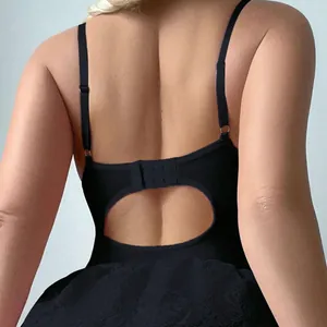 Sexy black lace bodysuit featuring an open back design with adjustable straps and hook closure